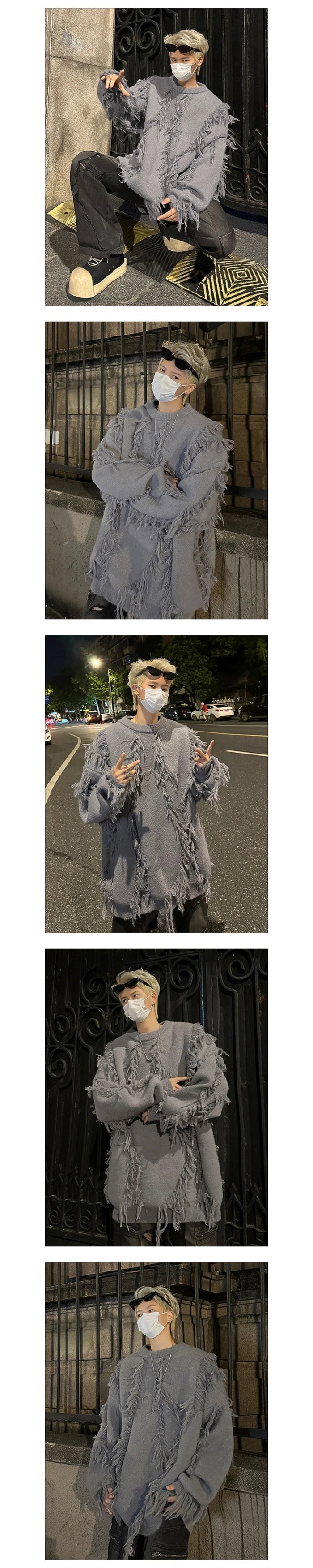 Men's Ripped Oversized Tassels Fringe Women's Streetwear Pullover Knitted O-Neck Sweaters