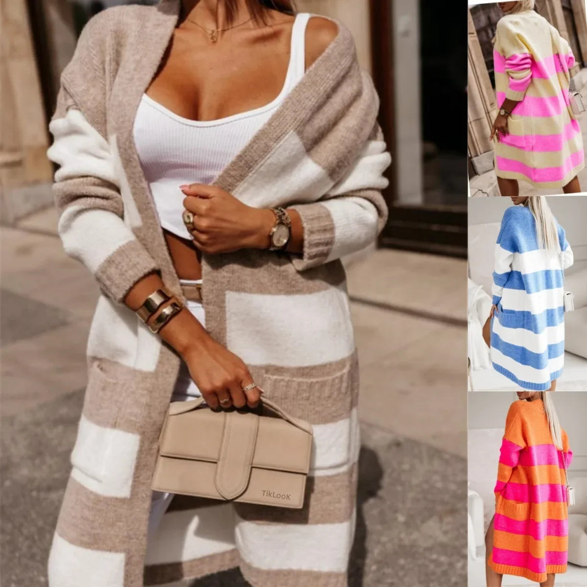 Colorblock Striped Women's Maxi Cardigan Sweater w/ Pockets