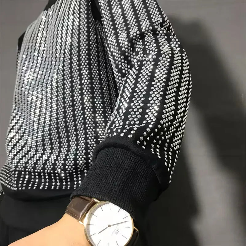 Men's Black Sliver Metallic Lion/Geometric Crystal Rhinestone Pullover Long Sleeve Hip-Hop O-Neck Sweatshirt