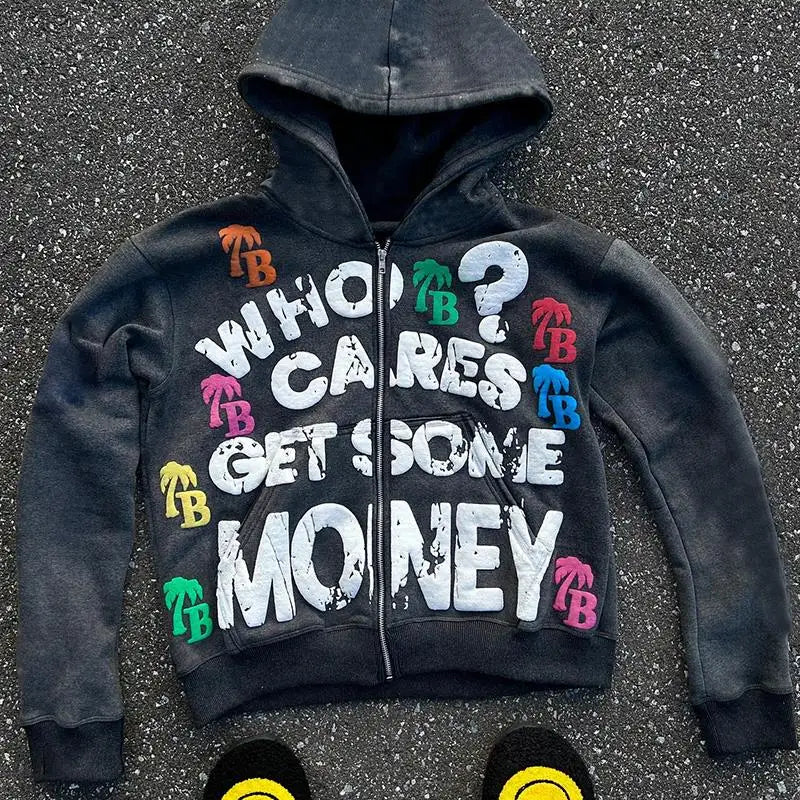 Retro "Who Cares Get Some Money" 3D Letter Print Graphic Streetwear Zipper Hoodie Sweatshirt