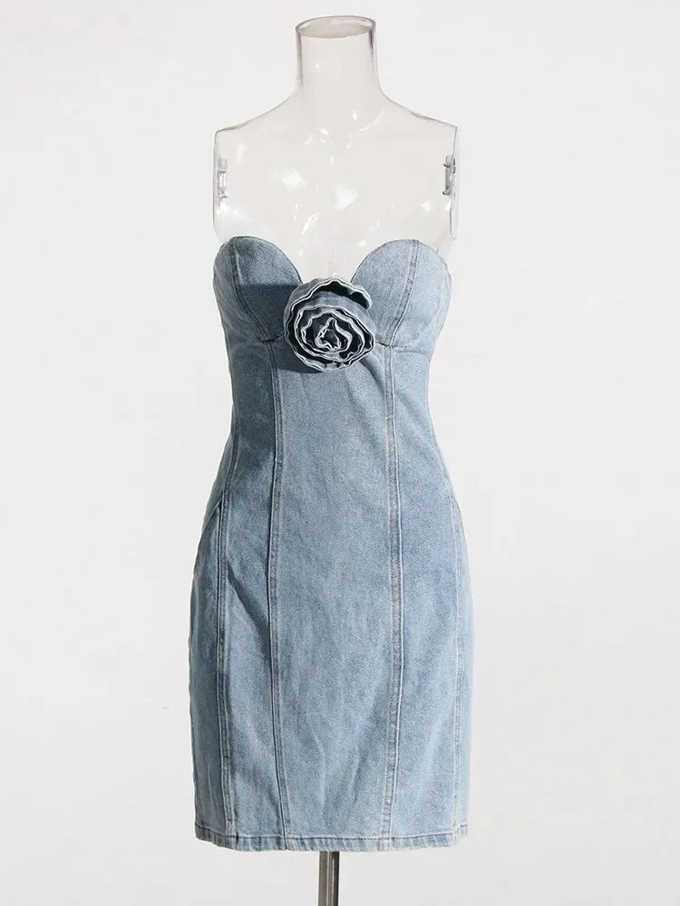 Rose Design Denim Patchwork Strapless Sleeveless High Waist Backless Skinny Mini Dress