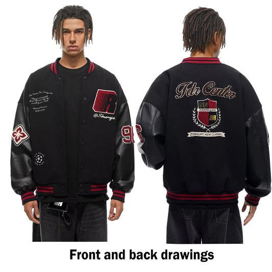 Unisex Varsity Letterman's Rib Sleeve Wool Baseball Bomber Patchwork Jackets