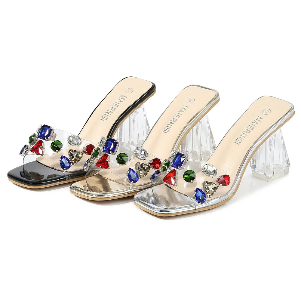 PVC Transparent Clear Crystal Rainbow Rhinestone Embellished Open Toe Low Heel Women's Sandals