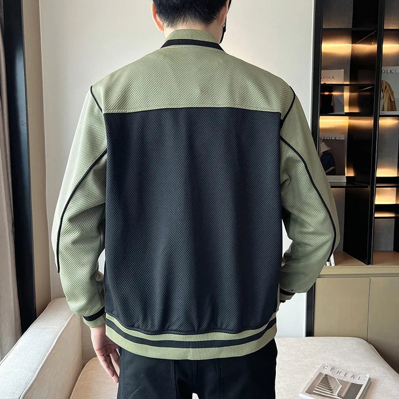 Men's "B" Letter Print Colorblock Side Striped Button-Up Stand Collar Baseball Bomber Jacket