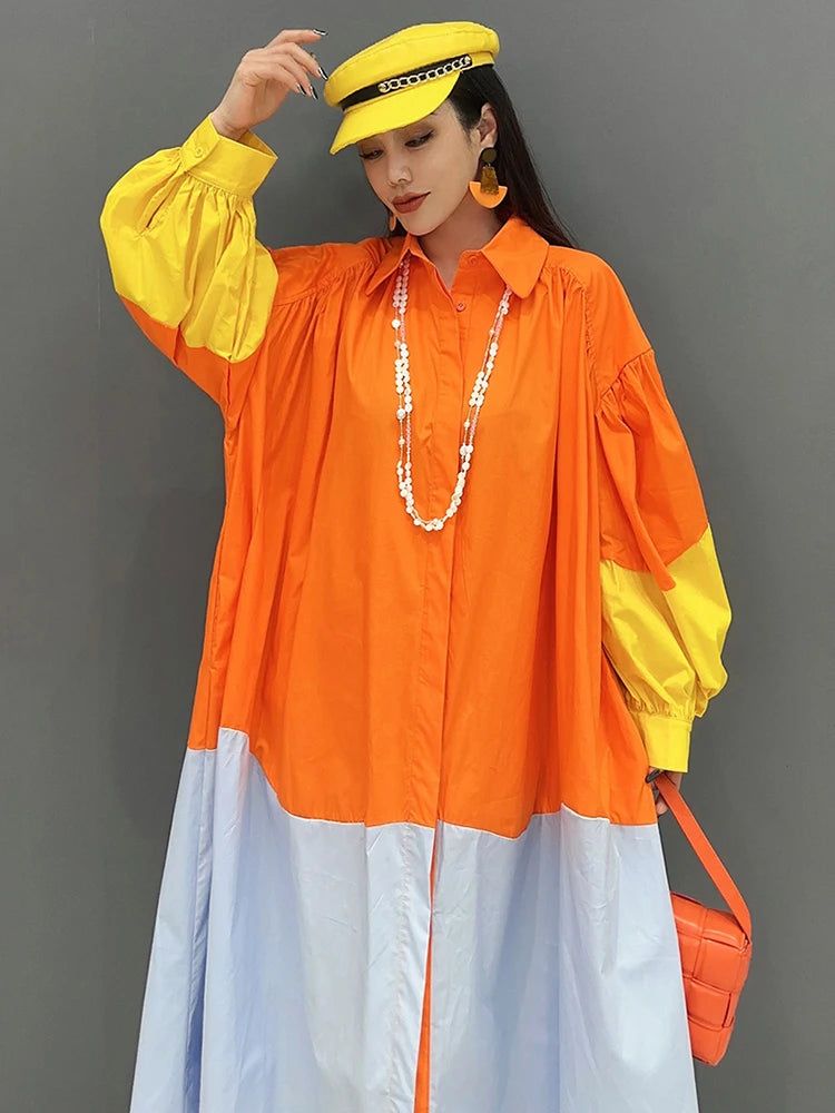 Colorblock Oversized Contrast Colored Long Lantern Sleeve Maxi Shirt Dress ONE SIZE