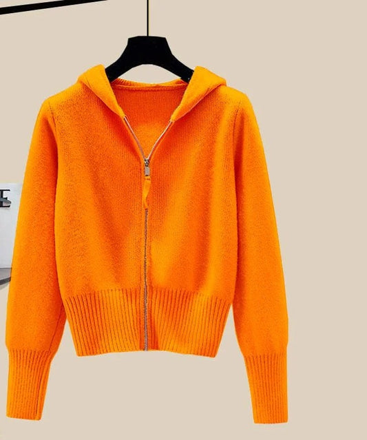 Hooded Solid Color Women's Long Sleeved Zipper Cardigan Sweater Jacket