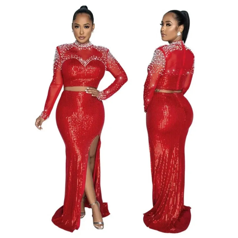 Sequin Heart Corset Long Sleeve O-Neck Top + High Slit Maxi Skirt Formal 2-Piece Sets