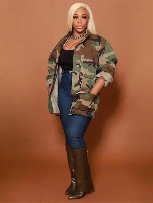 Camoflauge Print Cargo Pocketed Long Sleeve Oversized 3/4 Women's Coat