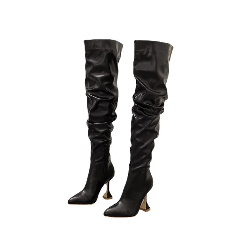 Pointed Toe Thigh High Over-the-Knee Solid Color Spiked High Heel Boots