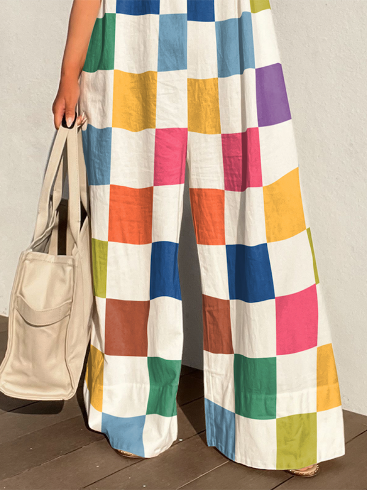 Rainbow Checkered Contrast Color Wide Leg Sleeveless Loose Jumpsuit