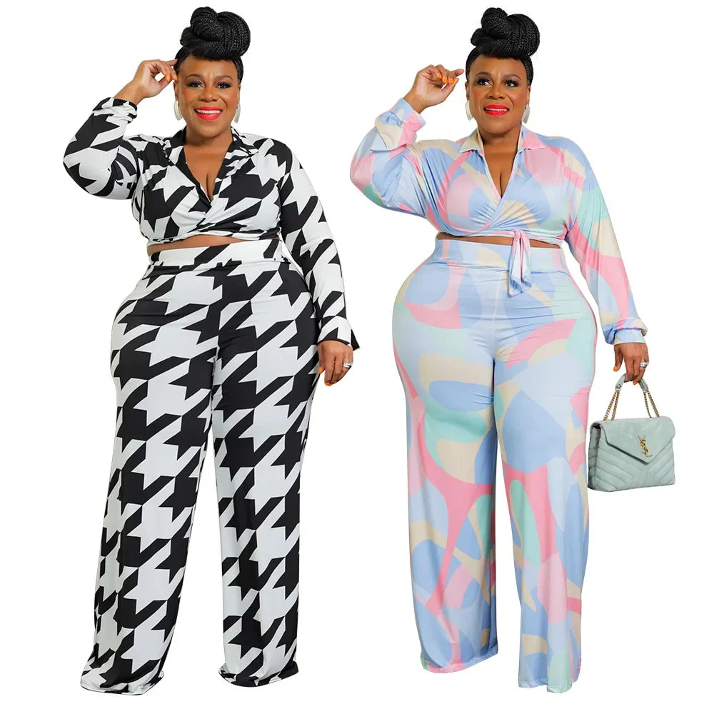 Houndstooth/Floral Tie-Dye Print Deep V-Neck Women's Long Sleeve Crop Top + Pants 2-Piece Set to 5X Plus Size