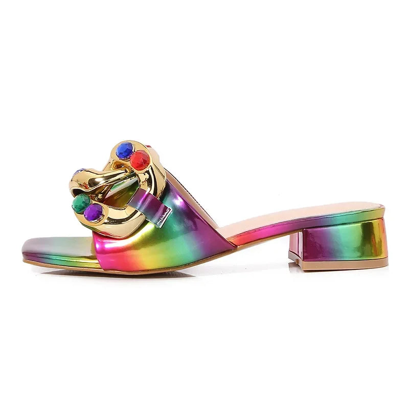 Gold Chain Detail Gradient Ombre Pattern Open Toe Women's Flat Square Heel Sandals