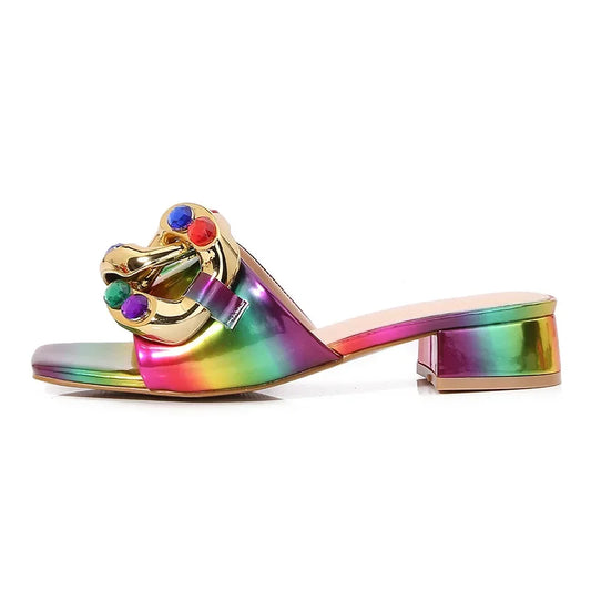 Gold Chain Detail Gradient Ombre Pattern Open Toe Women's Flat Square Heel Sandals