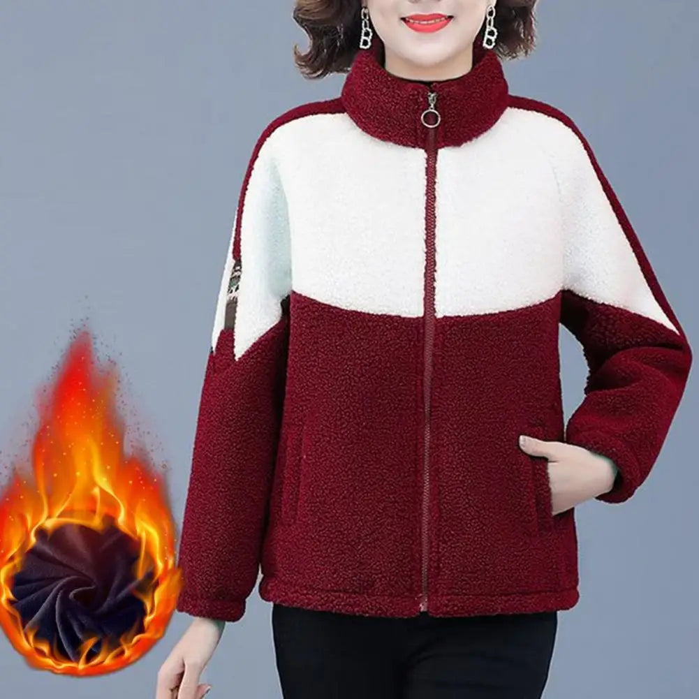 Colorblock Plush Fleece Women's Stand Collar Zipper Cardigan Jacket