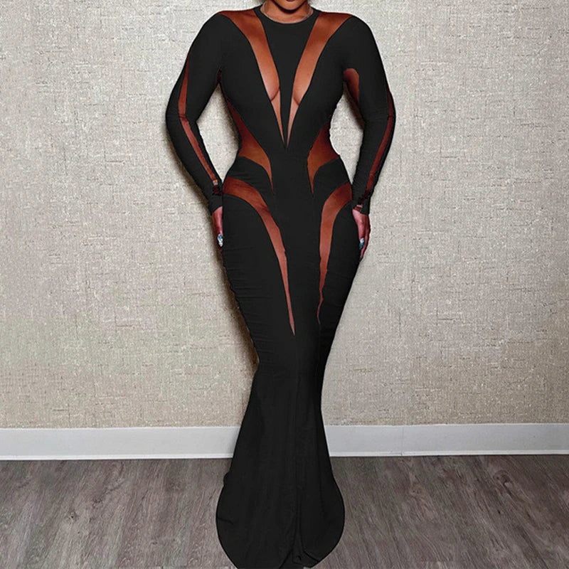 Sheer Transparent Mesh  Colorblock Diagonal Striped Irregular Mesh Patchwork Long Sleeve Bodycon Skinny Maxi Dress