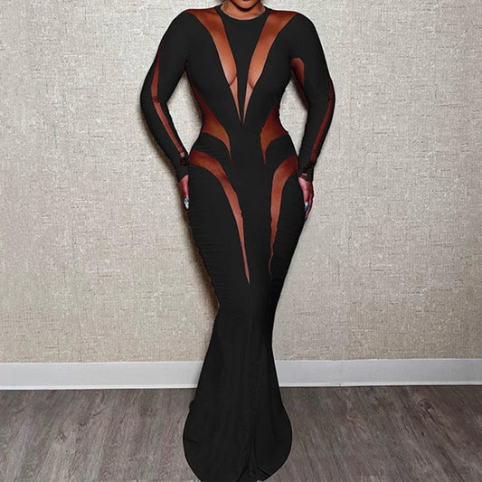 Sheer Transparent Mesh  Colorblock Diagonal Striped Irregular Mesh Patchwork Long Sleeve Bodycon Skinny Maxi Dress