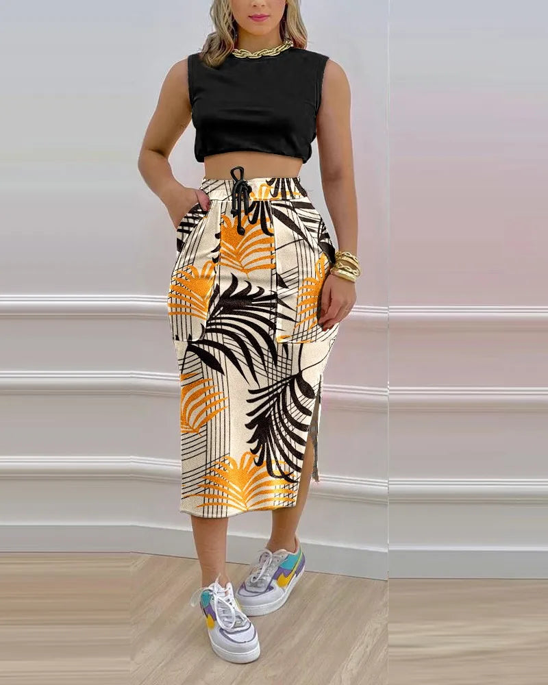 Printed Short Sleeve Round Neck + Top Split Midi Skirt 2-Piece Set