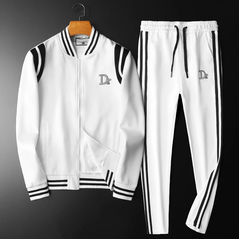 Men's Side Striped Embroidered Stand Collar Sports Bomber Jacket + Drawstring Sweatpants Skinny Tracksuit