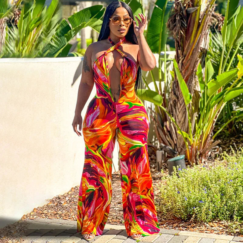 Tropical Tie-Dye Print Women's Halter Backless Sleeveless Deep V-Neck Loose Jumpsuit