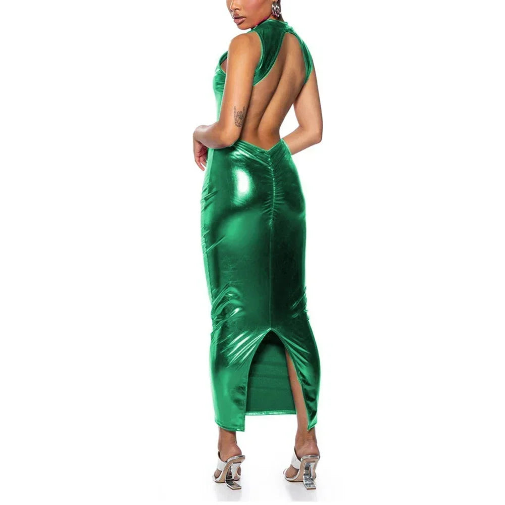 Shiny PU Leather Metallic Backless Sleeveless High Back Slit Bodycon Formal Maxi Party Dress to 3X Plus Size