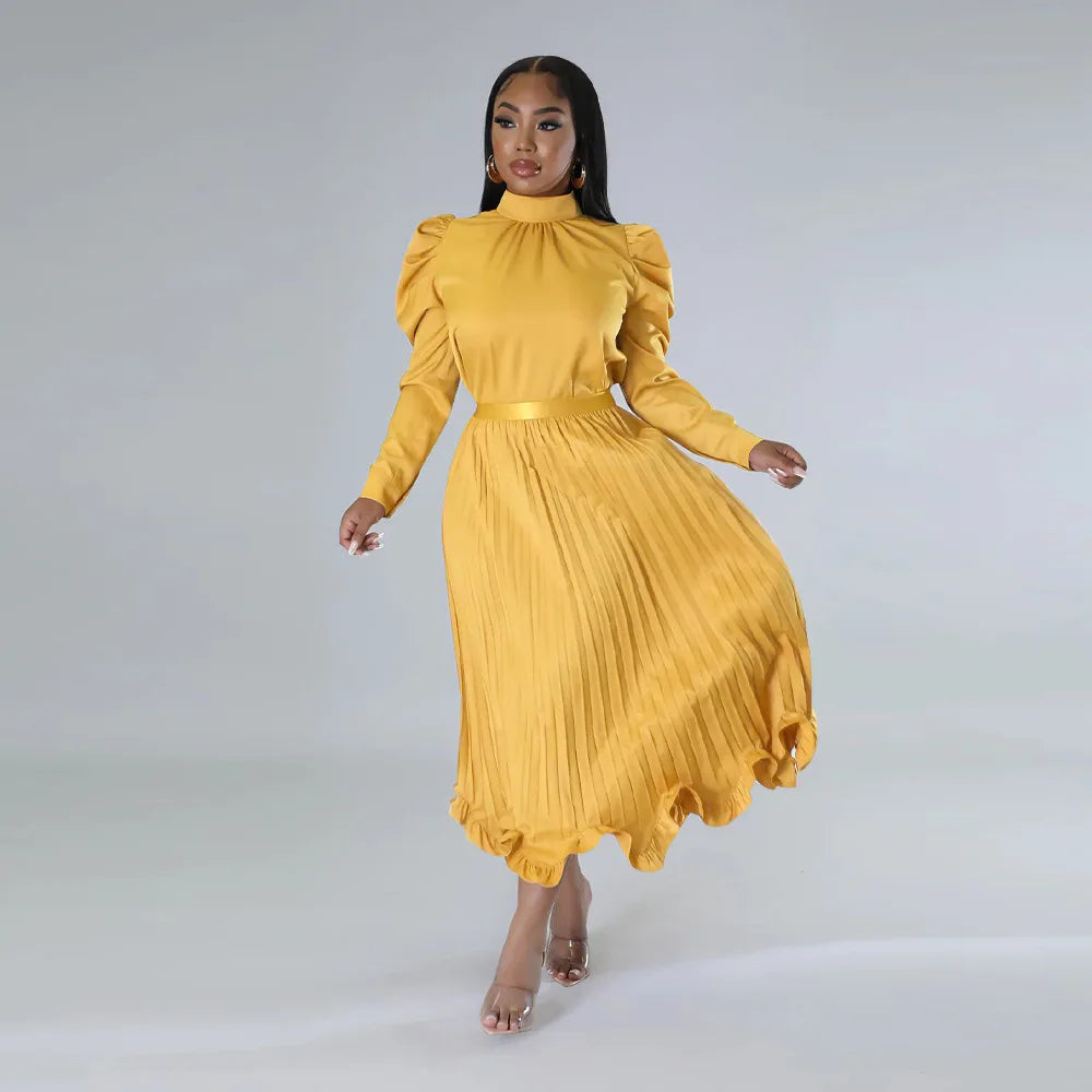 Women’s Solid Color O-Neck Lantern Sleeve Blouse + A-Line Flounce Formal Pleated Maxi Skirt w/ Sash Belt 2-Piece Set