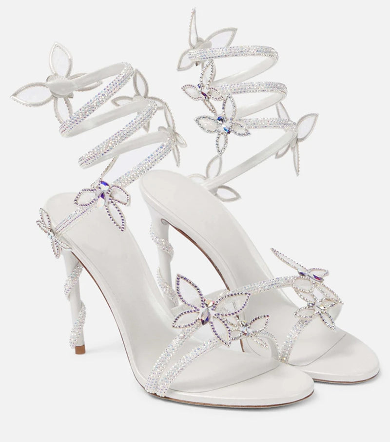 Crystal Butterfly Embellished Detail Spiral Coiled Band Strap High Heel Gladiator Sandal Pumps