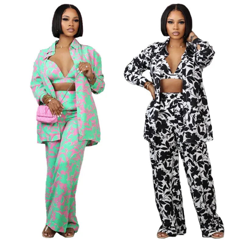 Floral Print Blazer w/ Matching Crop Bra & Pants Women's 3-Piece Suit