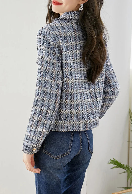 Plaid Cropped Tweed Wool Blend Tassel Blazer