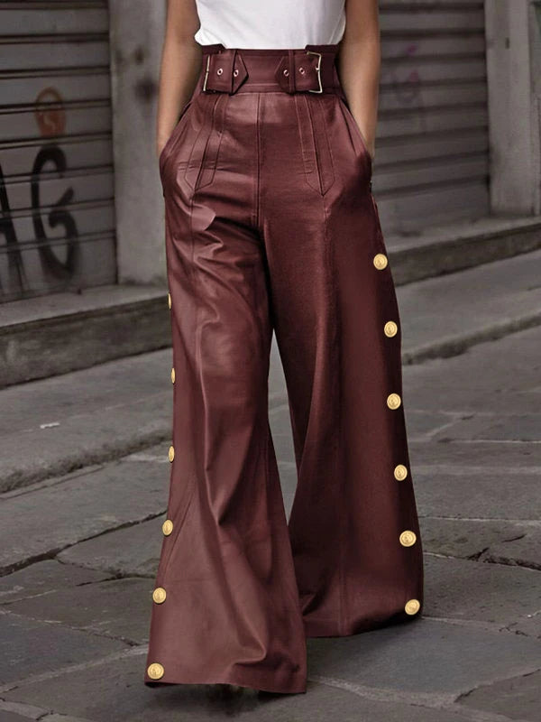 Faux Leather Button Leg Design Loose Pleated Streetwear High Waist Wide Leg Women's Trouser Pants