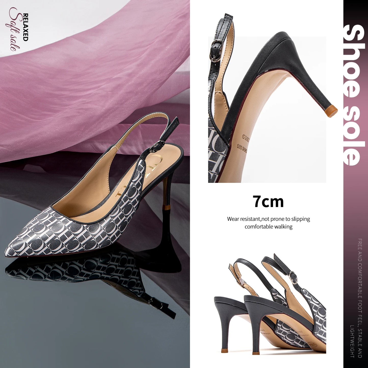 Monogram Letter Print Women's Slingback Buckle Strap Pumps