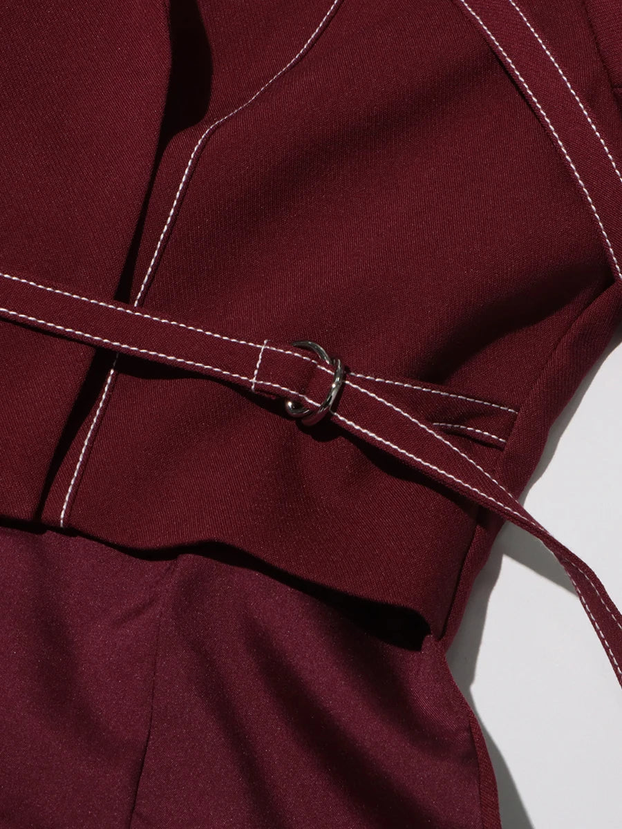 Burgundy Irregular Notched Collar Double Strap Design Blazer Jacket + High Waist Straight Pants Women's Formal Suit