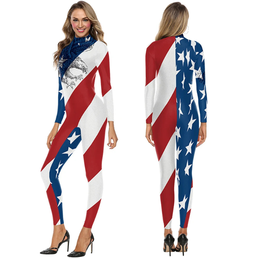 Striped 4th of July US Flag Print Bodycon Women's Long Sleeve Skinny Jumpsuit