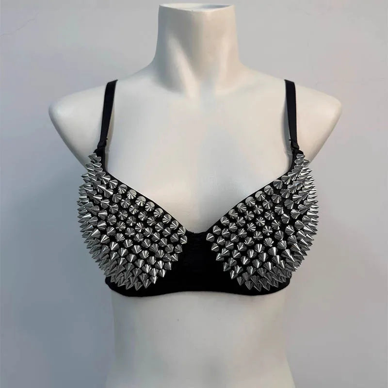Black Leather Silver Spiked Stud Steampunk Bra