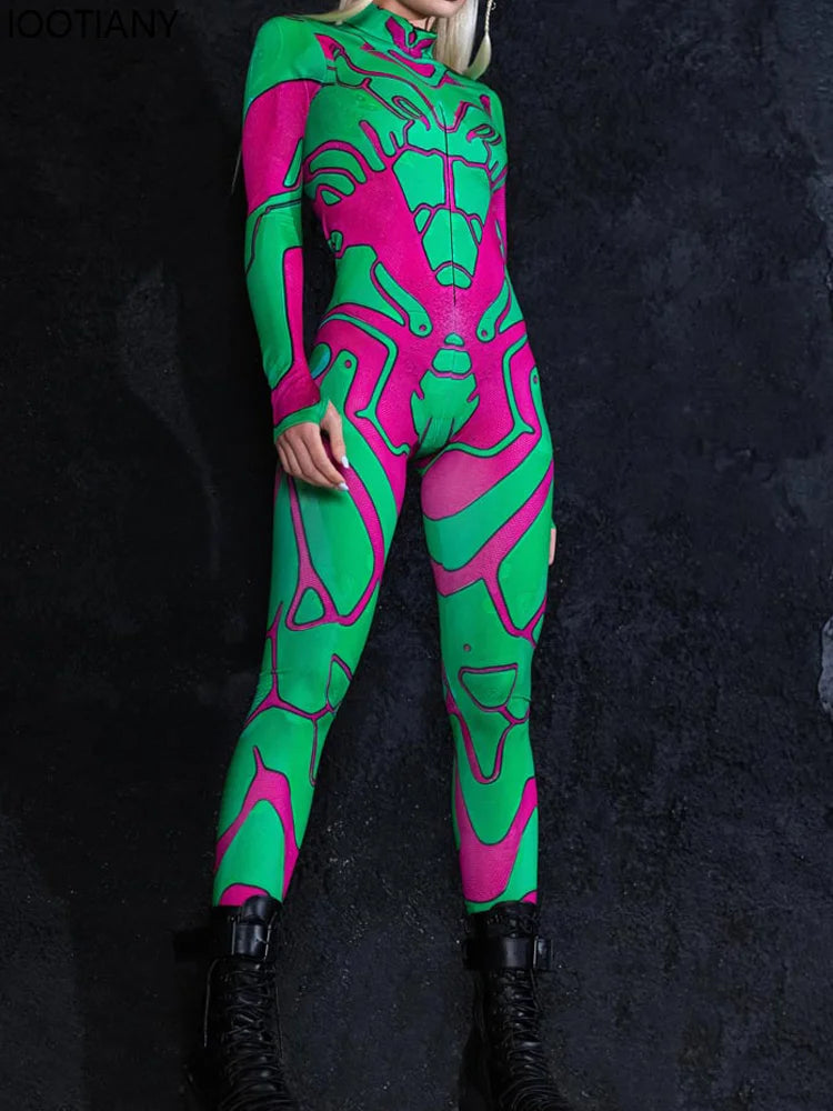 Abstract Art/Checkered Plaid/Geometric Skin Tight Long Sleeve Women's Jumpsuit