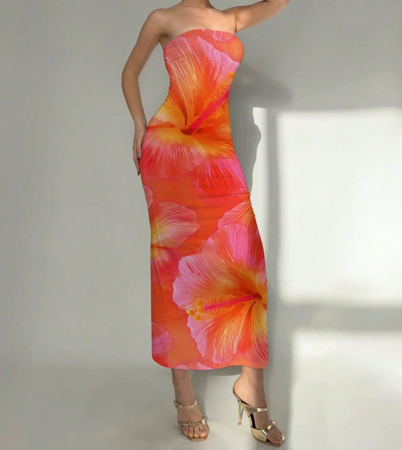 Sleeveless Big Flower Print Bodycon Skinny Maxi Tube Dress