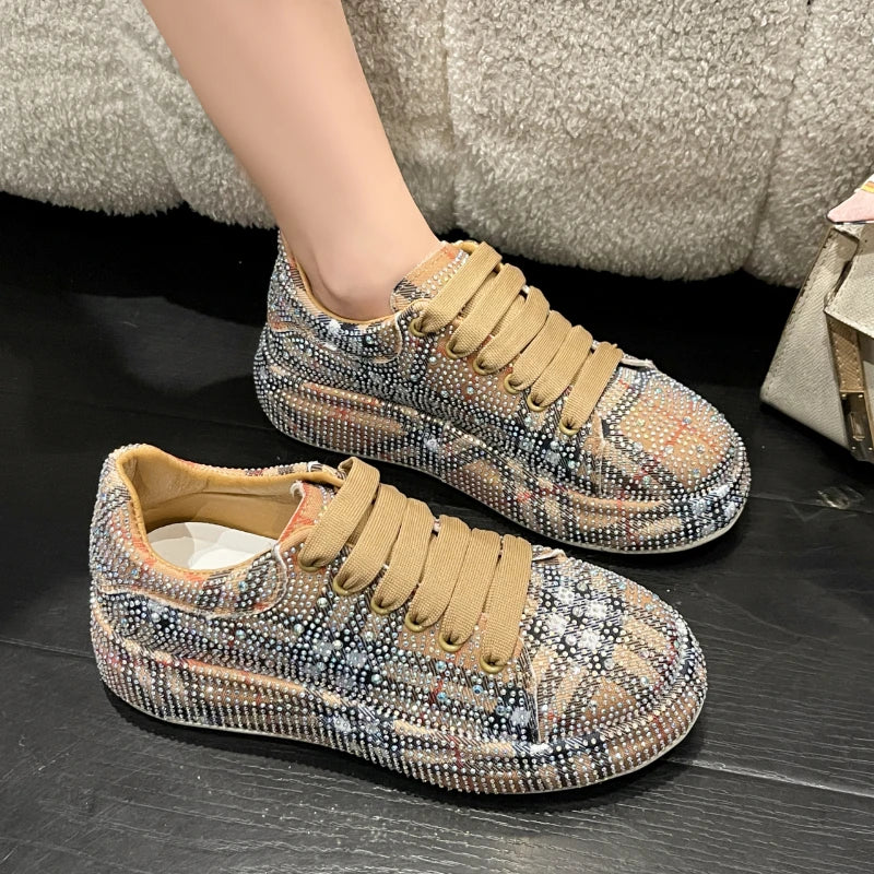 Rhinestone Plaid Monogram/Solid Print Sparkling Glitter Women's Outdoor Platform Lowtop Ankle Sneakers-2 Styles, 3 Colors