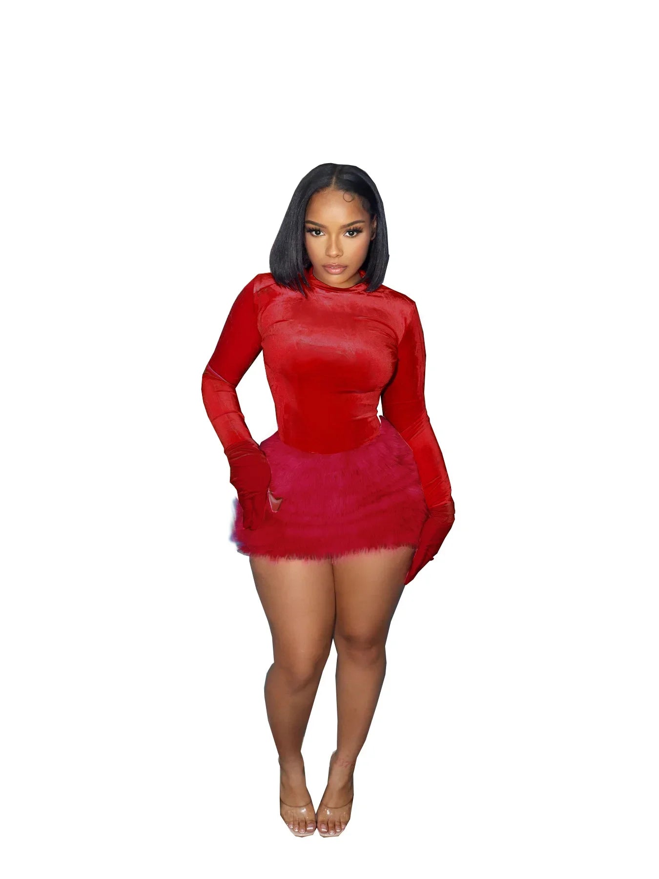 Velvet Long Sleeve Solid Color Women's Bodysuit+ Faux Fur Mini Skirt 2-Piece Set