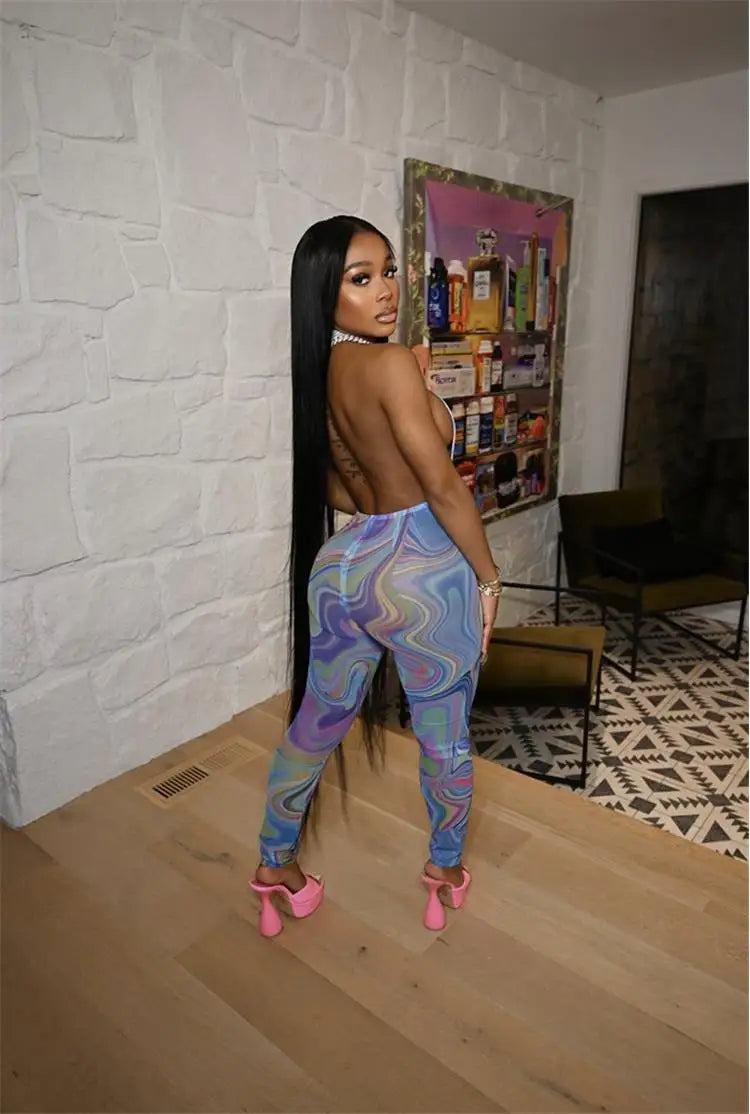 Swirl Print Mesh Sheer Transparent Sleeveless Women's Sexy Hollow-Out Backless Skin Tight Jumpsuit