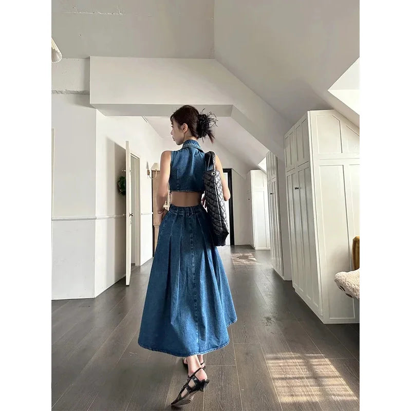 Denim Blue Button-Up High Slit Side Cut-Out Sleeveless Jean Dress