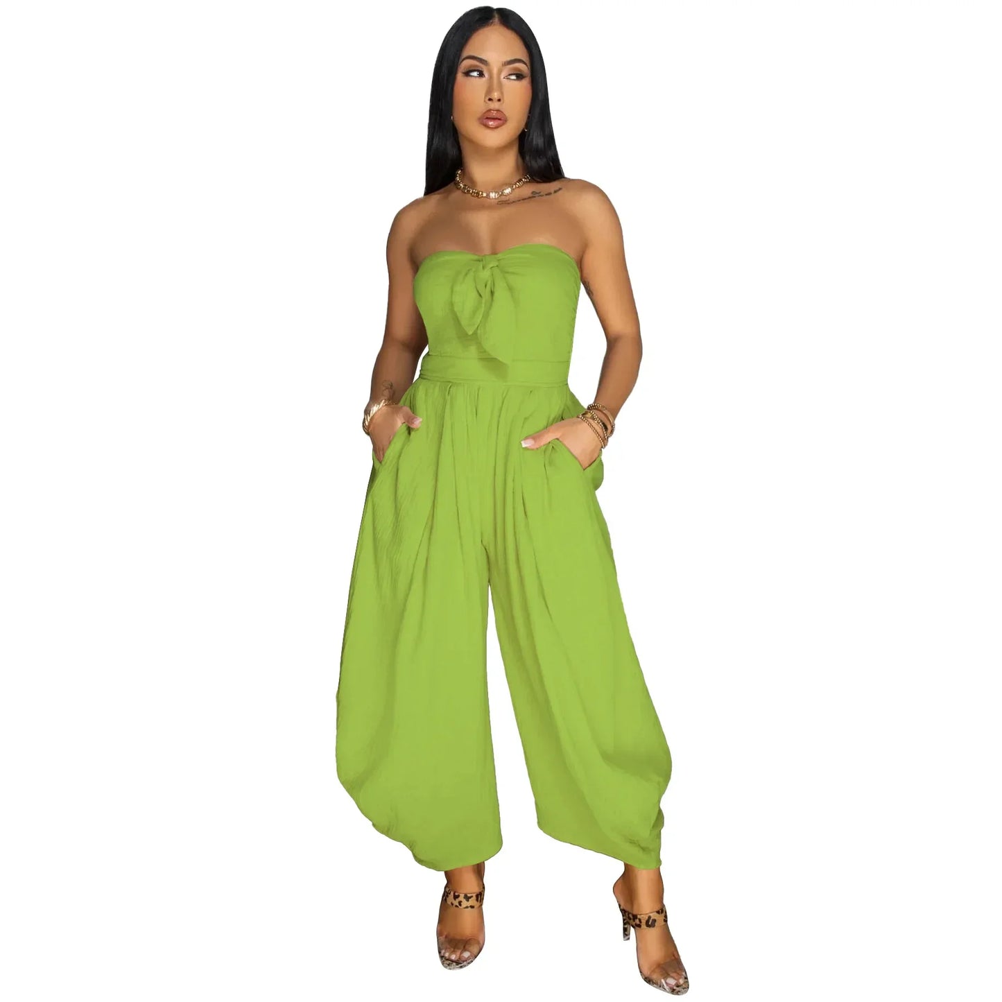 Sleeveless Bowknot Design Solid Color Baggy Tube Top Women's Jumpsuit