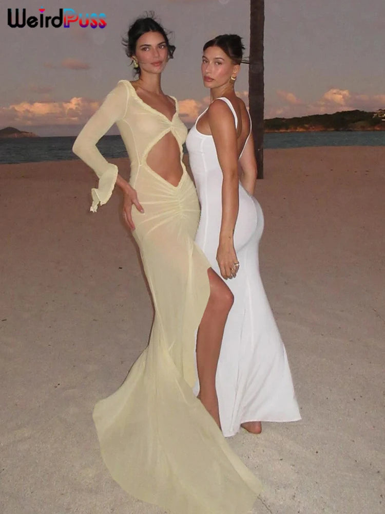 Sheer Hollow-Out V-Neck High Slit Long Sleeve Ruffled Lace Ruched Bodycon Maxi Beach Dress