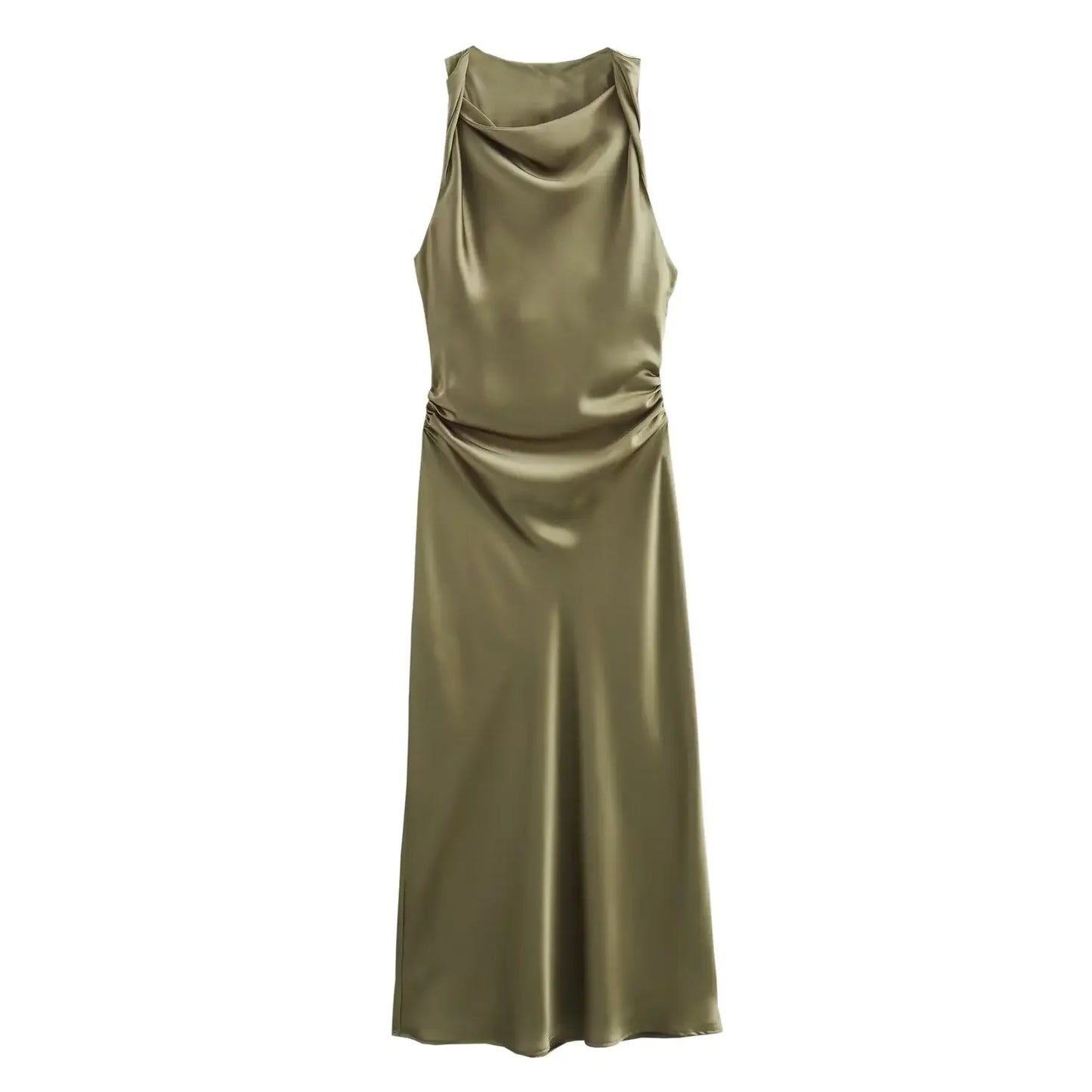 Satin Ruched Pleated Solid Color Sleeveless O-Neck Long Dress