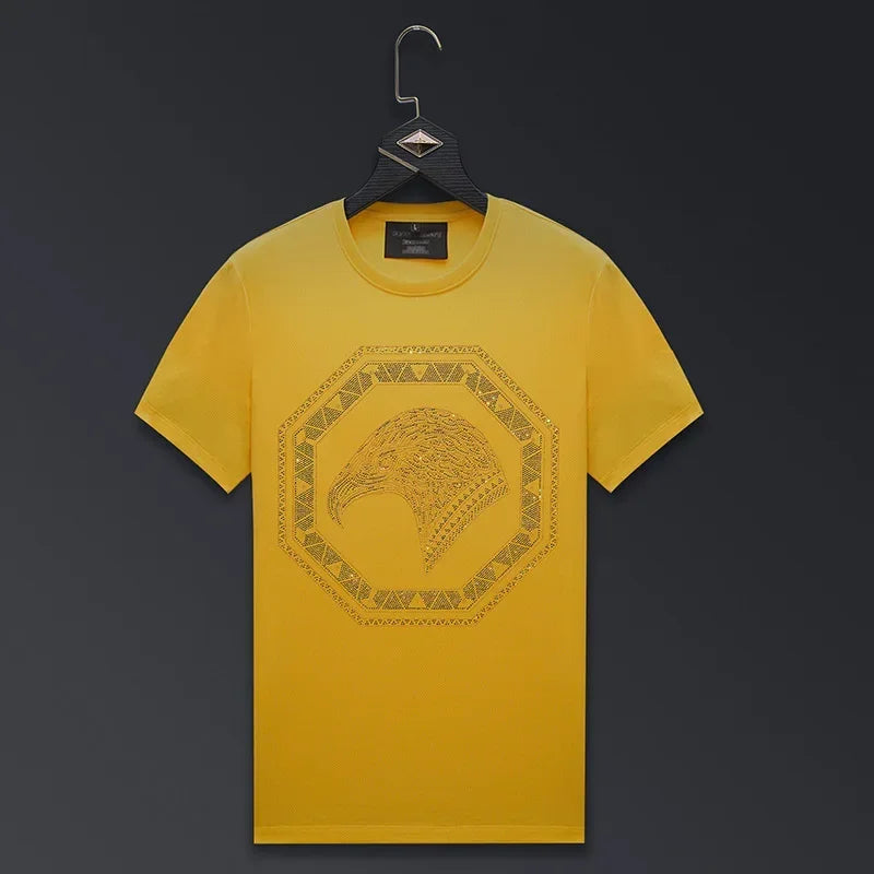 Men's Rhinestone Eagle Print Streetwear O Neck Short Sleeve Cotton T-Shirt