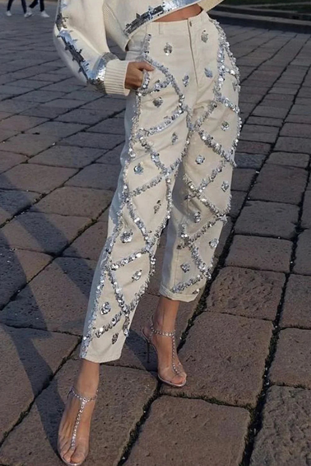 White Sequin Rhinestone Embellished Women's Straight Leg Jeans to 3X Plus Size