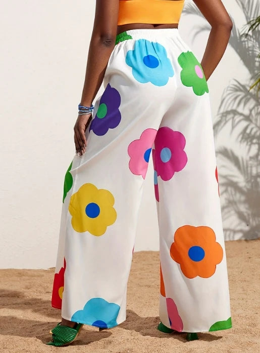 Big Rainbow Flower Print Women's Elastic Waist Wide Leg Pants to 3X Plus Size