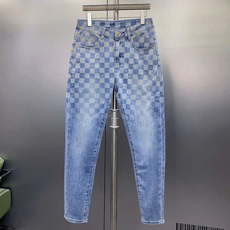 Men's Plaid Print Straight Designer Street Cotton Jeans