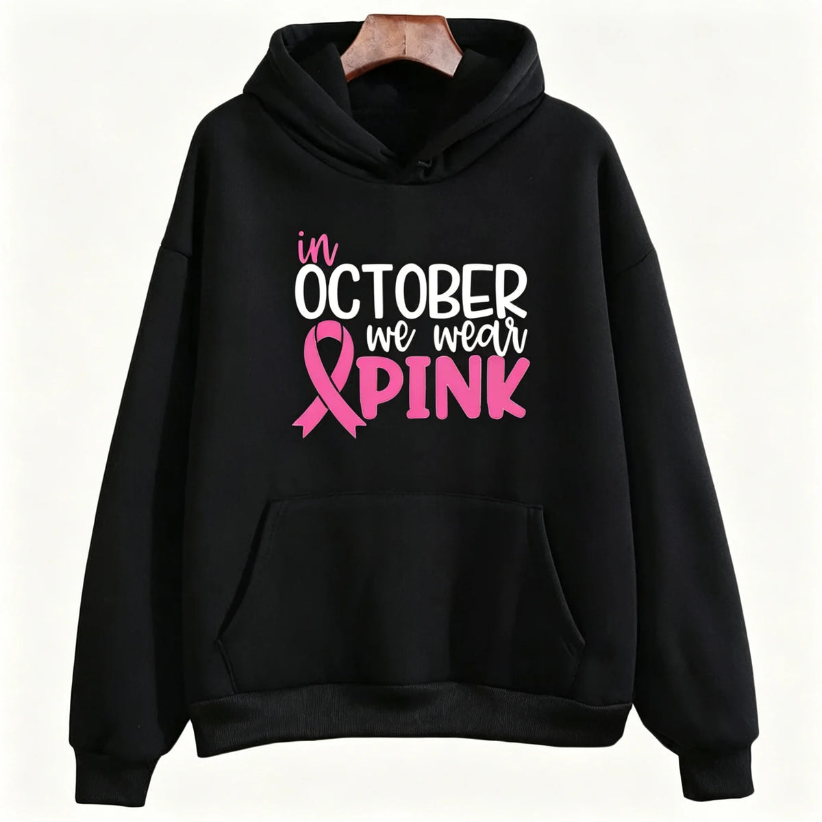 "In October We Wear Pink" Breast Cancer Awareness Long Sleeve Women's Hoodie Sweatshirt to 3X Plus Size