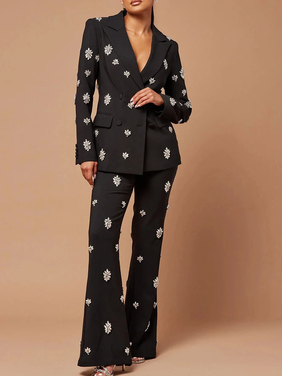 Patchwork Diamond Notched Collar Long Sleeve Blazer + High Waist Flared Pants Women's Formal Suit