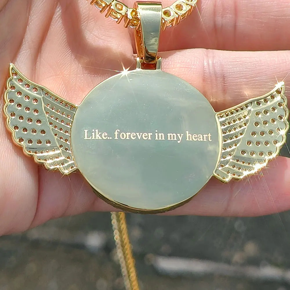 Customized Angel Wing Round Memory  Personalized Picture Pendant Tennis Chain Necklace