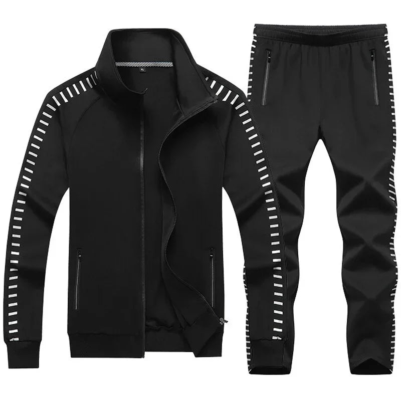 Men's Mandarin Collar Side Striped Sleeve Sport Zipper Jacket + Sweatpants Tracksuit